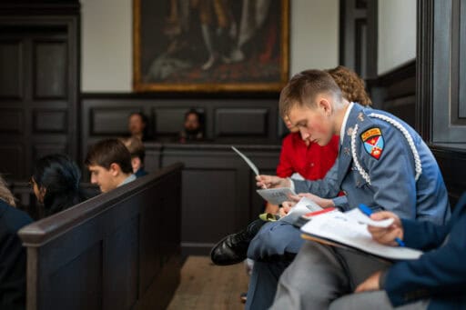 Students prepare their arguments at the Revolutionary Rhetoric speech and debate tournament in Williamsburg, Virginia